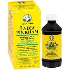 Lydia Pinkham liquid bottle front label showing the seven-herb blend for menstrual support