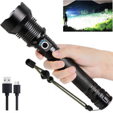 Lylting rechargeable LED flashlight with rugged aluminum body for outdoor reliability.