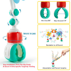 Lynncare arch toy with adjustable clips and straps for a stable, versatile fit.