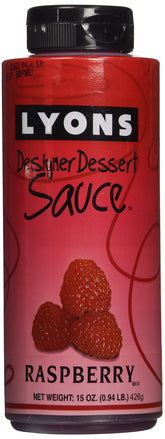 Lyons Raspberry Designer Dessert Sauce bottle adds a glossy, elegant finish.