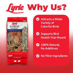 Lyric Supreme Wild Bird Seed sunflower seeds emphasis attracts finches and chickadees.