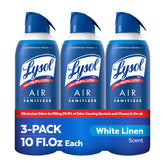 Lysol Air Sanitizer bottle pour demonstrates easy, rapid air sanitation with White Linen scent