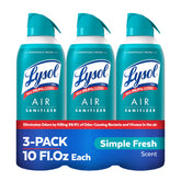 Lysol Air Sanitizer bottle, three-pack, front view.