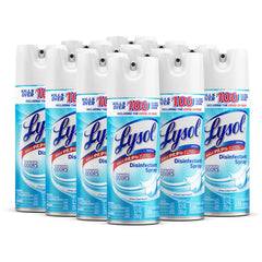 Lysol Crisp Linen spray bottle pouring to sanitize surfaces.