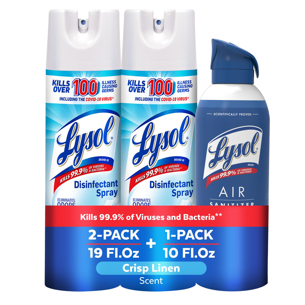 Lysol Disinfectant Spray Crisp Linen bottle for hard surfaces and soft fabrics.