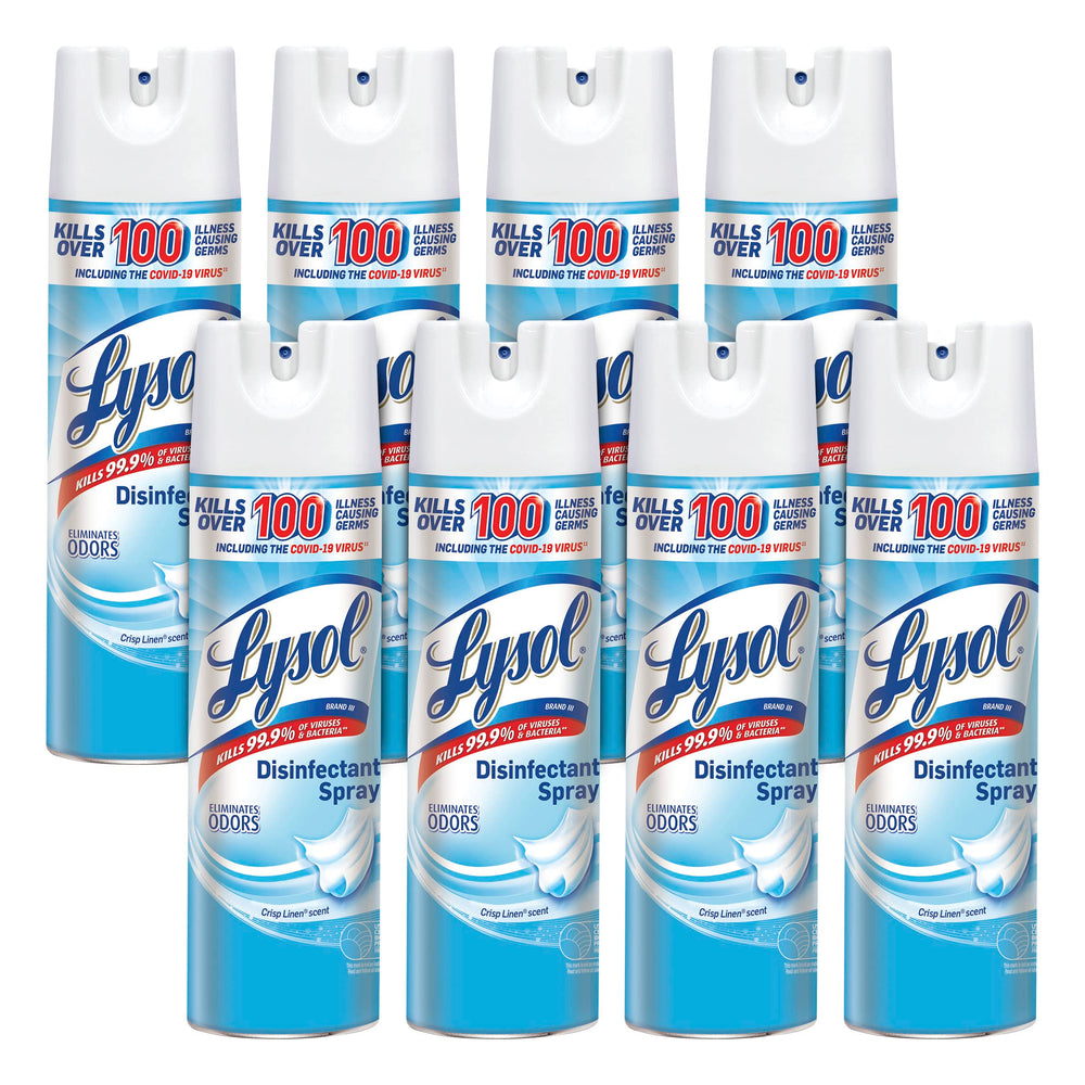 Lysol Disinfectant Spray Crisp Linen bottle releasing mist to sanitize surfaces