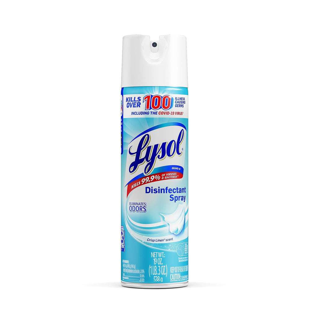Lysol Disinfectant Spray Crisp Linen bottle for surface sanitizing and deodorizing rooms.