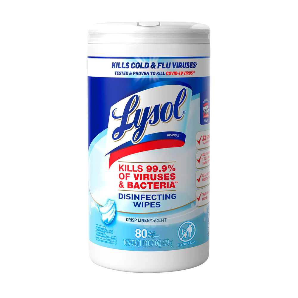 Lysol Disinfecting Wipes Crisp Linen bottle for quick surface disinfection