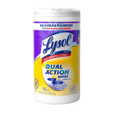 Lysol Dual Action Wipes tub with two textures for scrubbing and touch-ups.