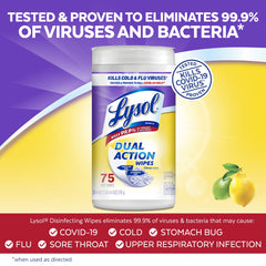Lysol Dual Action Wipes on kitchen counter showing fast disinfecting benefits.