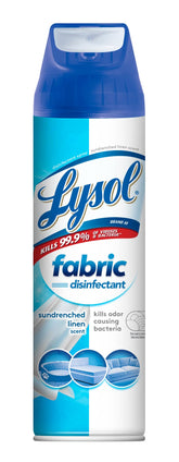 Lysol Fabric Disinfectant Spray Sundrenched Linen bottle pour showing wide coverage for large surfaces.