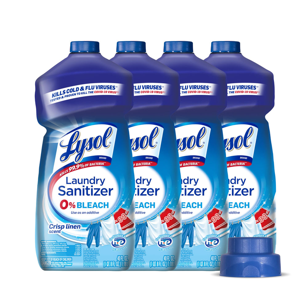 Lysol Laundry Sanitizer bottle pouring to sanitize clothes and deodorize.