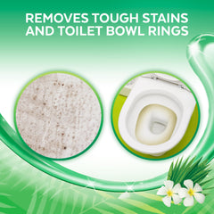 Lysol Forest Rain gel reaching under the toilet rim for thorough coverage