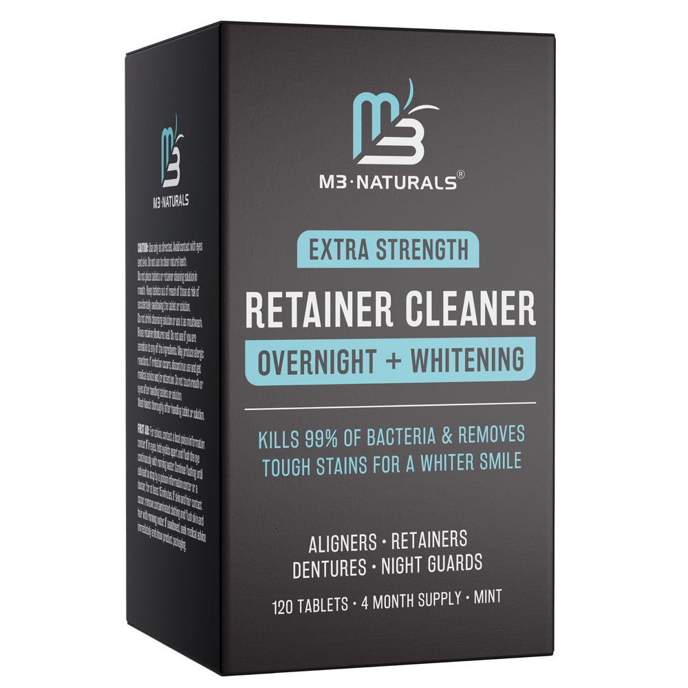 M3 Naturals Overnight Whitening Cleaner bottle with tablets for retainers.