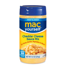 Mac Yourself cheddar cheese powder bottle for quick, flavorful meals.