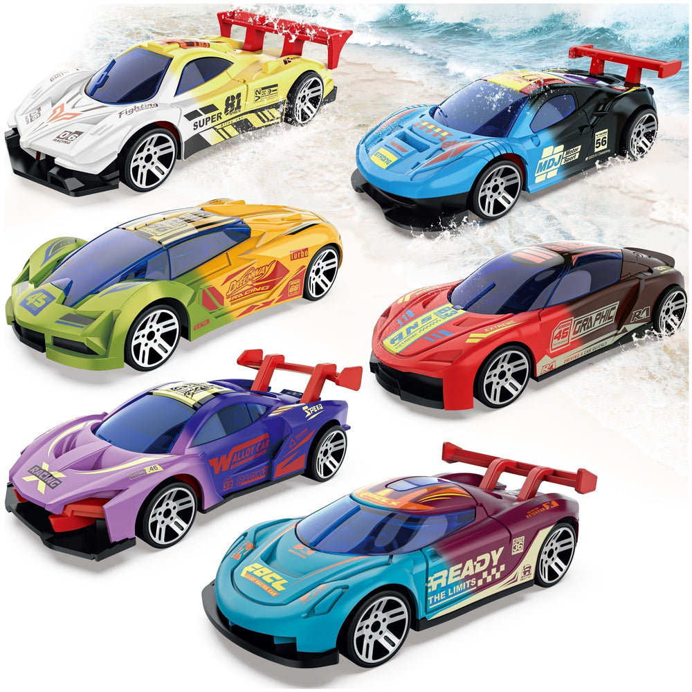 MACALOCA color changing cars pack view, six die-cast racers for bath-time fun and collection.