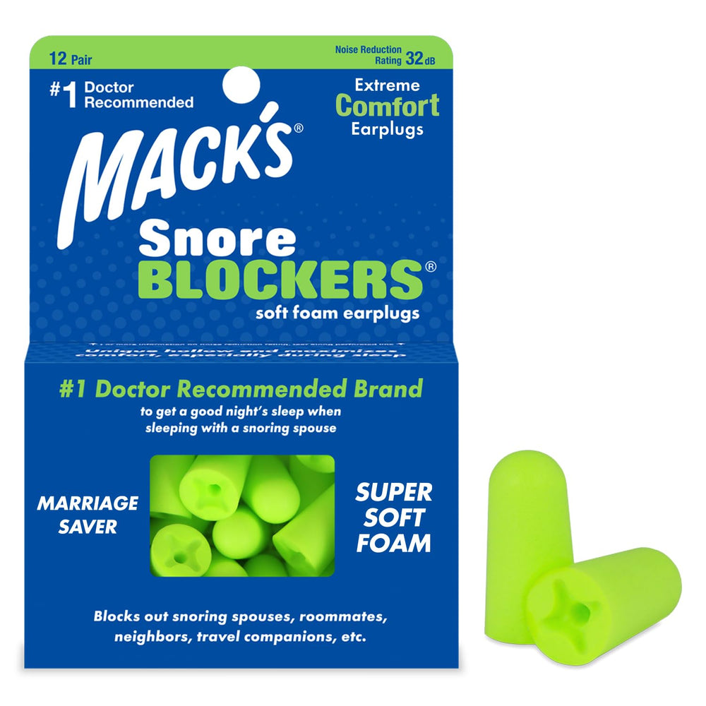 Mack's Snore Blockers packaging shows a trusted sleep solution with high NRR for snoring environments.