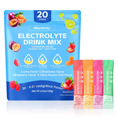 Macmony electrolyte powder packets box for convenient on-the-go hydration.