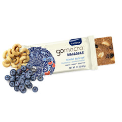 GoMacro MacroBar on-the-go packaging, ideal travel snack with blueberry flavor.