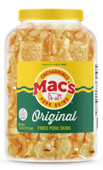 Mac's Pork Rinds Original canister showing a crispy gluten-free keto-friendly snack.