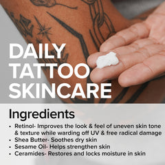 Mad Rabbit Replenish applying lotion to tattooed skin after shower