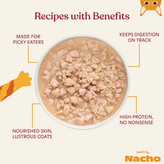 Made by Nacho prebiotics image highlights digestive support from pumpkin and cranberries.