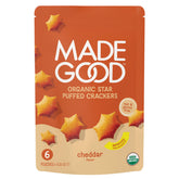 MadeGood Cheddar Star Puffed Crackers pack shows a gluten-free snack option for on-the-go.