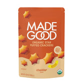 MadeGood Cheddar Star Puffed Crackers packfront showing a shareable organic snack.