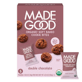 Made Good Double Chocolate Soft Baked Mini Cookies pack closeup for allergy-friendly snacking.