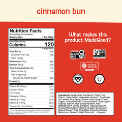 MadeGood Mornings Cinnamon Bun bar individually wrapped for on-the-go snacking.