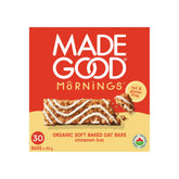 MadeGood Mornings Cinnamon Bun bar packaging highlights gluten-free, organic snack option.