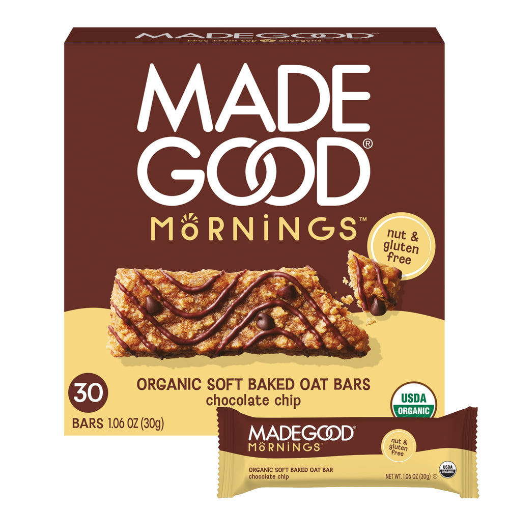 MadeGood Mornings chocolate chip soft baked bar packaging front, gluten free and organic