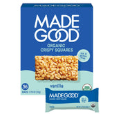 MadeGood Vanilla Crispy Squares box, gluten-free and organic, ideal for lunchbox snacks.