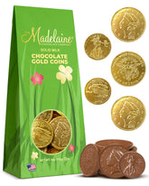 Madelaine Gold Chocolate Coins in festive foil packaging for gifting.