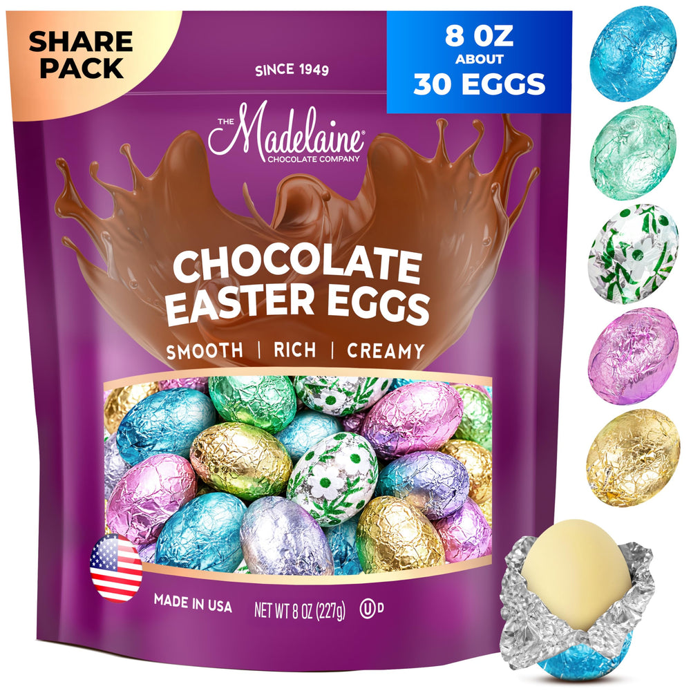 Madelaine milk chocolate eggs close-up in pack, showcasing premium quality