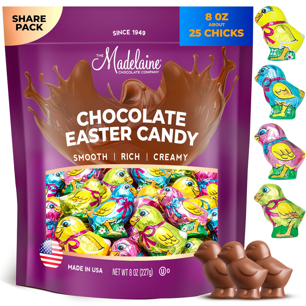 Madelaine solid milk chocolate baby chicks in colorful foils brighten Easter baskets