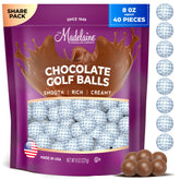 Madelaine solid milk chocolate golf ball, foil-wrapped for elegant event display and party favors.