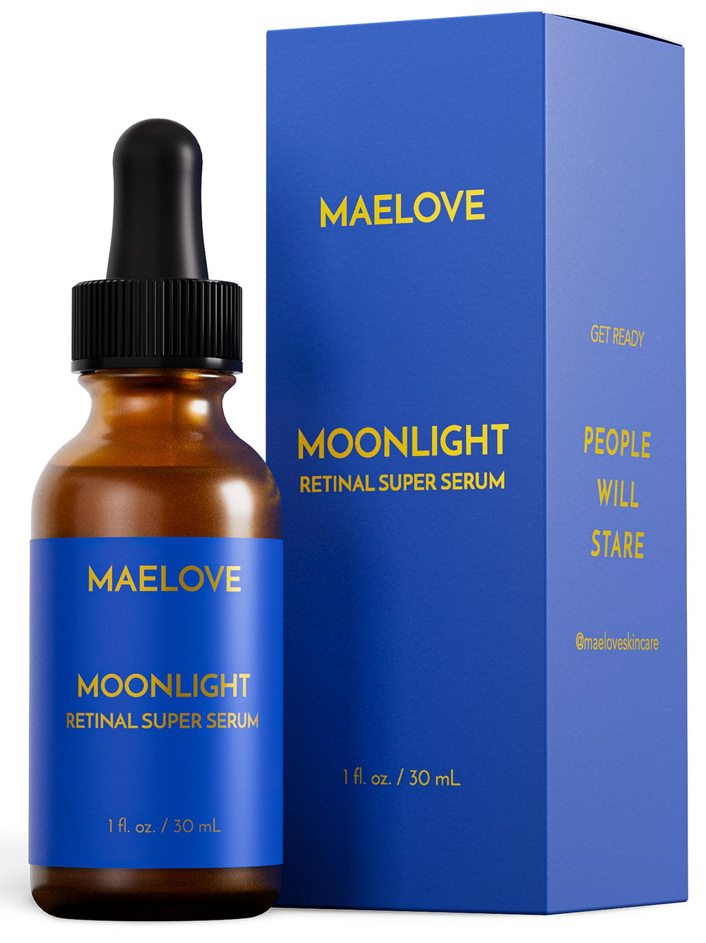MAELOVE Moonlight retinal bottle showing premium nighttime serum for smoother skin