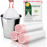 Magesh one-point-two-gallon drawstring trash bags in packaging, emphasizing organized waste management