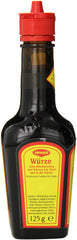 Maggi Liquid Seasoning glass bottle on kitchen counter for everyday flavoring.