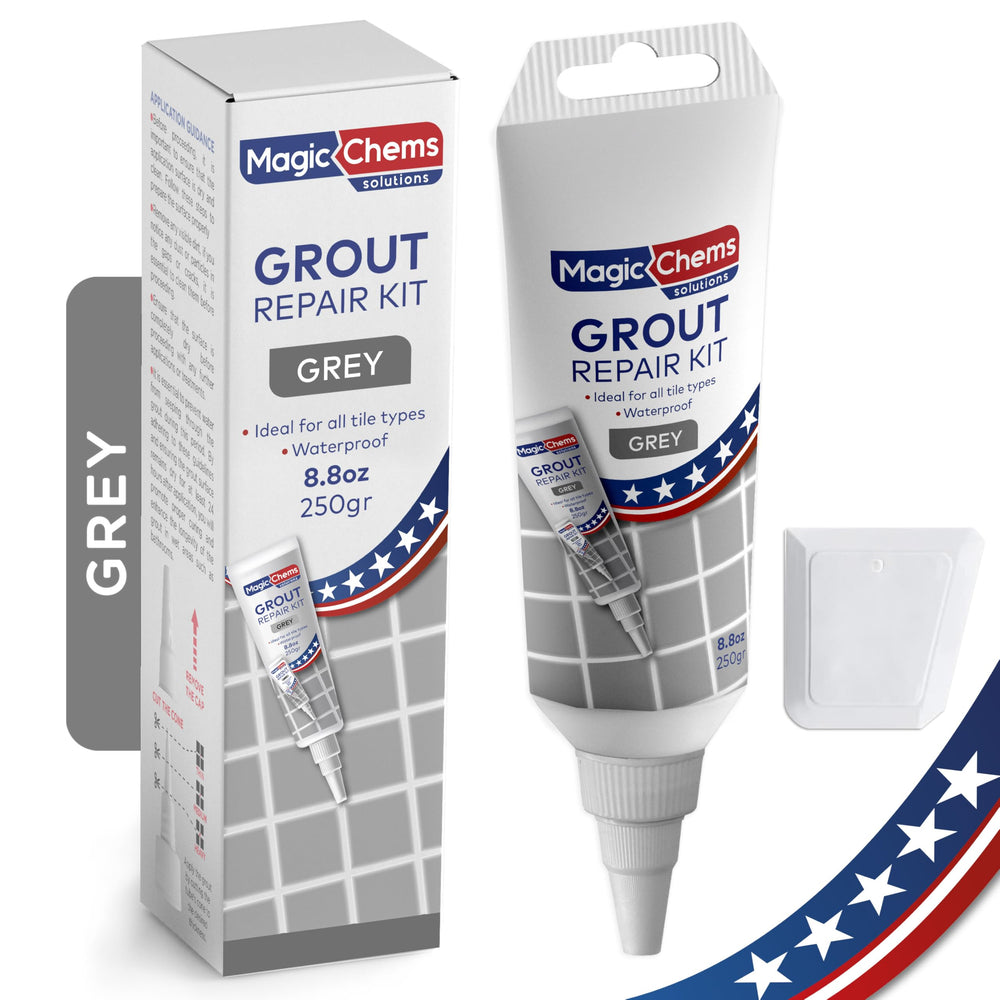 Magic Chems grout repair tube close-up for precise, long-lasting grout refresh