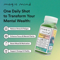 Magic Mind Focus Energy Shot on table with pack, convenient for daily use