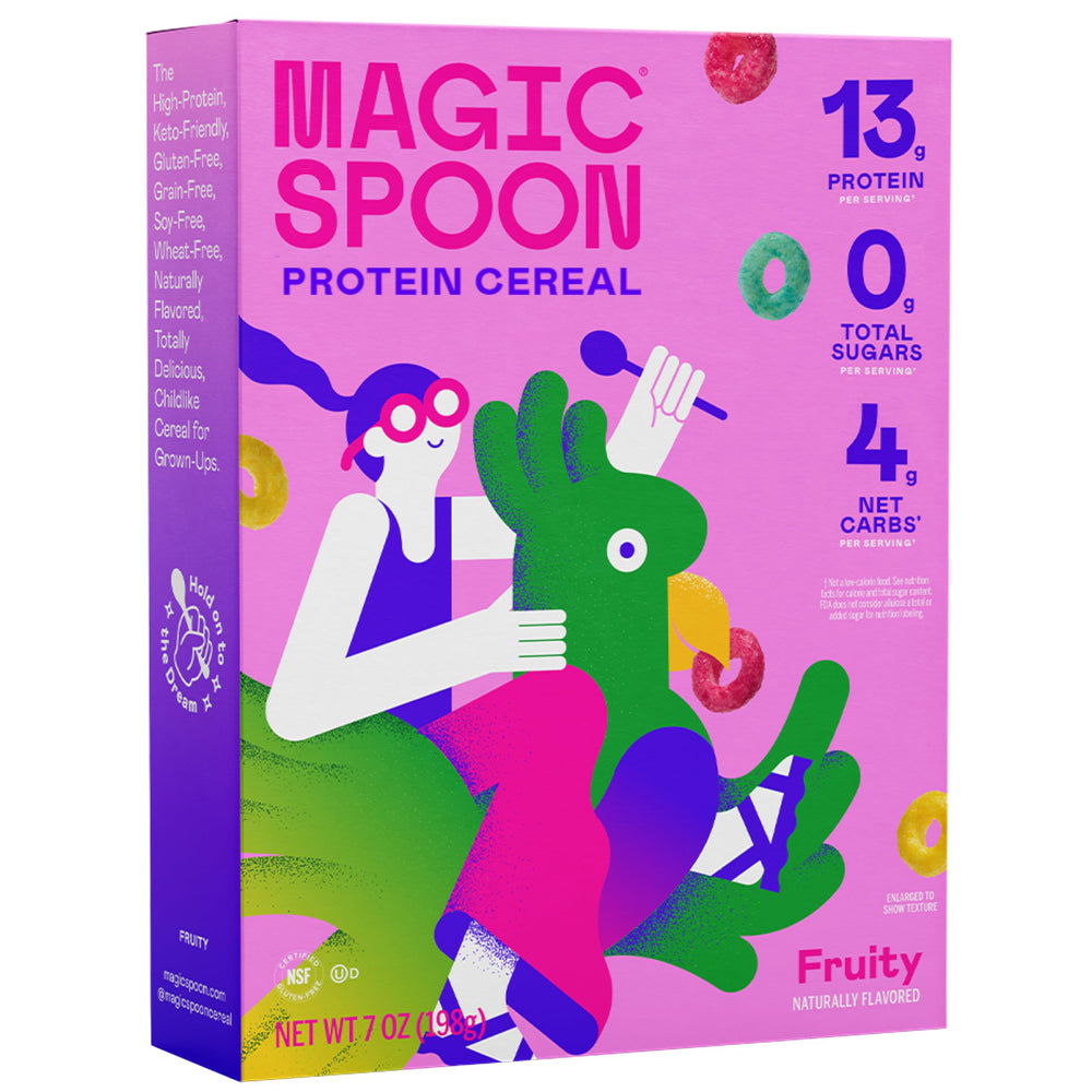 Magic Spoon Fruity box front showing a tasty, high-protein breakfast option