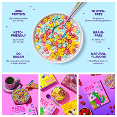Magic Spoon Fruity cereal close-up texture: crunchy, gluten-free grains.