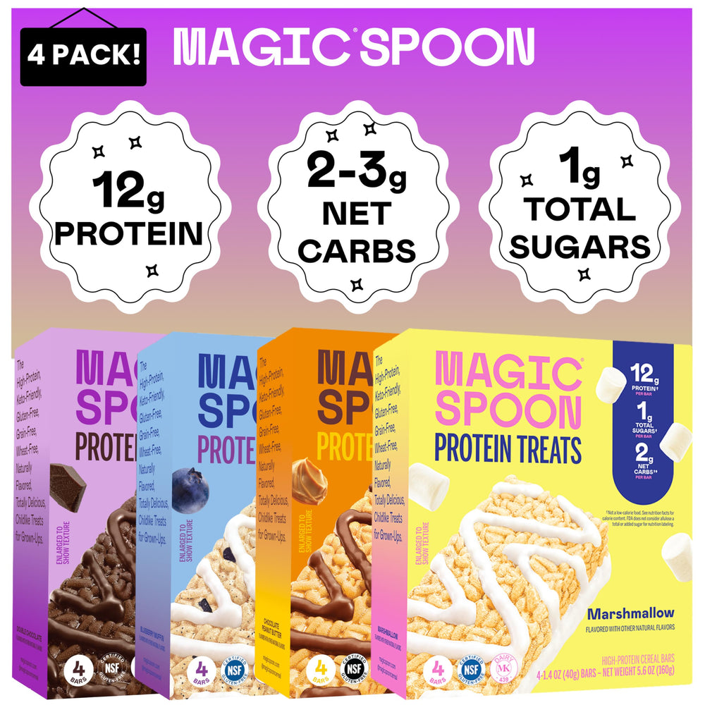 Magic Spoon Treats Blueberry Muffin bar close-up, high-protein gluten-free snack.