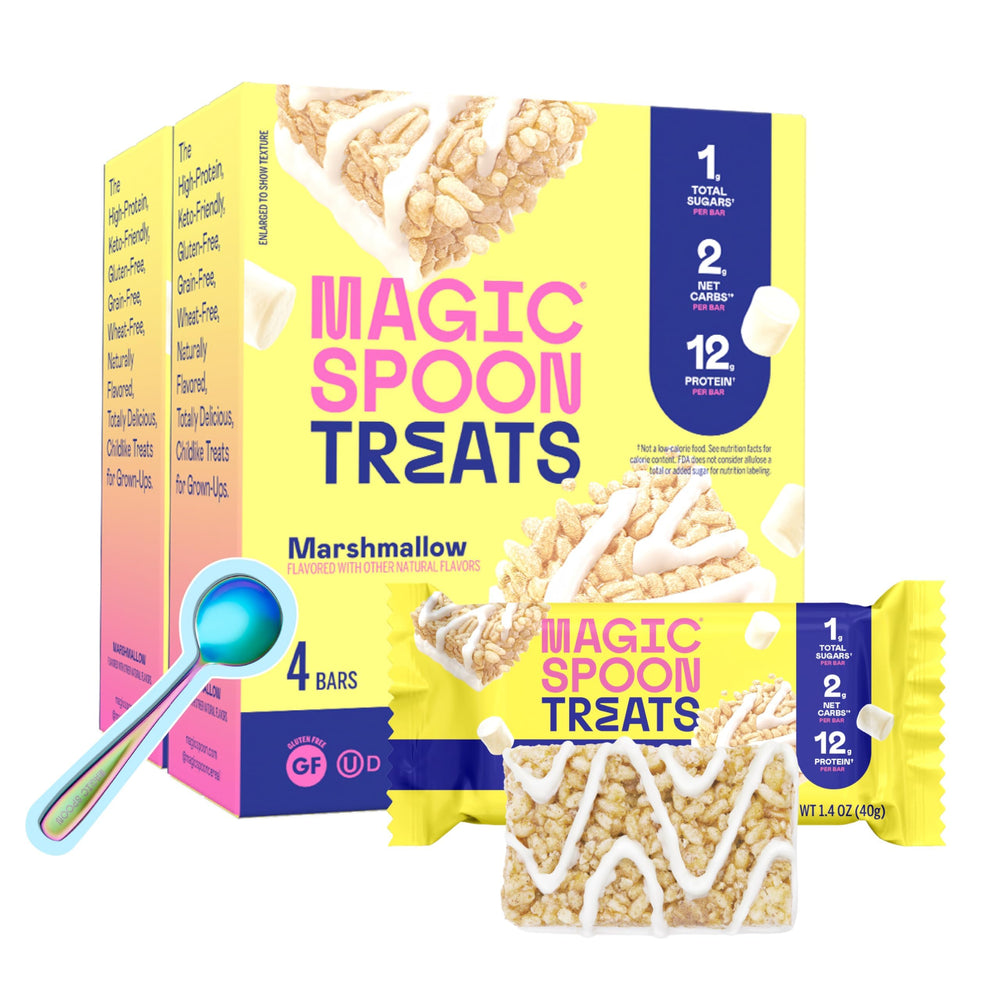 Magic Spoon Treats marshmallow bars packaging on shelf, gluten-free snack option