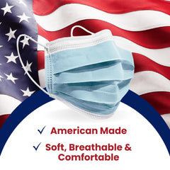 MAGICARE blue face mask packaging highlights cleanroom origin in Ontario, CA.