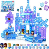 Magneverse transparent blocks create a blue princess castle for imaginative play and fine motor skills.