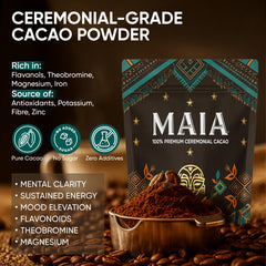 MAÏA cacao powder in smoothie bowl showing texture and color.