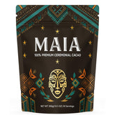 Maia Ceremonial Cacao powder package highlights organic cacao and zero sugar for clean ritual use